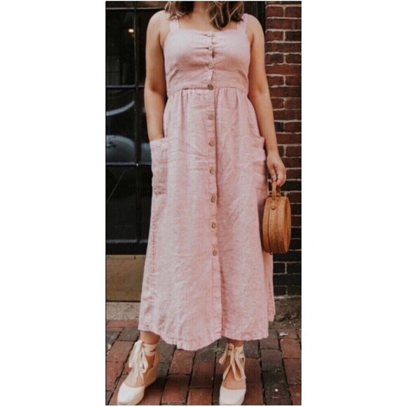 Rachel Zoe 100% Linen Dress Womens Blush Button Sleeveless pink Madi pockets 8. - Picture 1 of 13